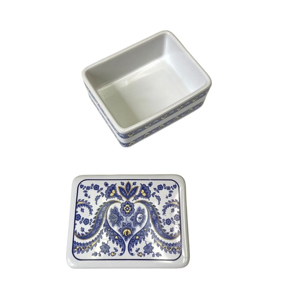 Thai Stoneware Trinket Box With Blueish Purple and Yellow Floral Paisley Pattern - Picture 6 of 9